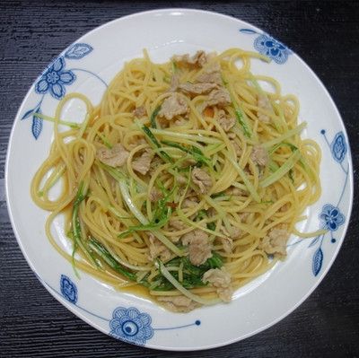 豚肉と水菜のそばつゆスパゲティ